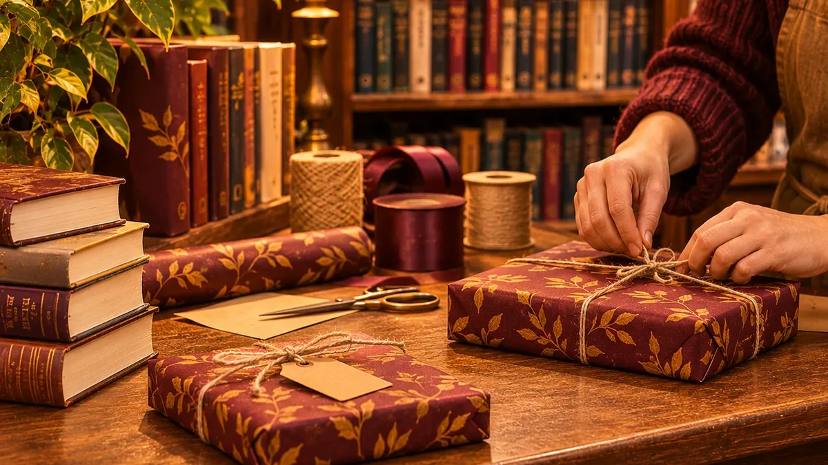 Books being wrapped in festive paper on a counter.